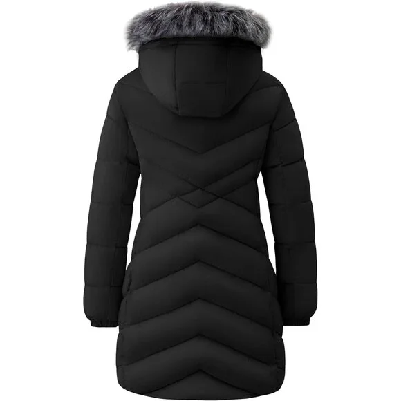 Women's Long Winter Coat Waterproof Warm Quilted Puffer Jacket with Faux Fur Hoo